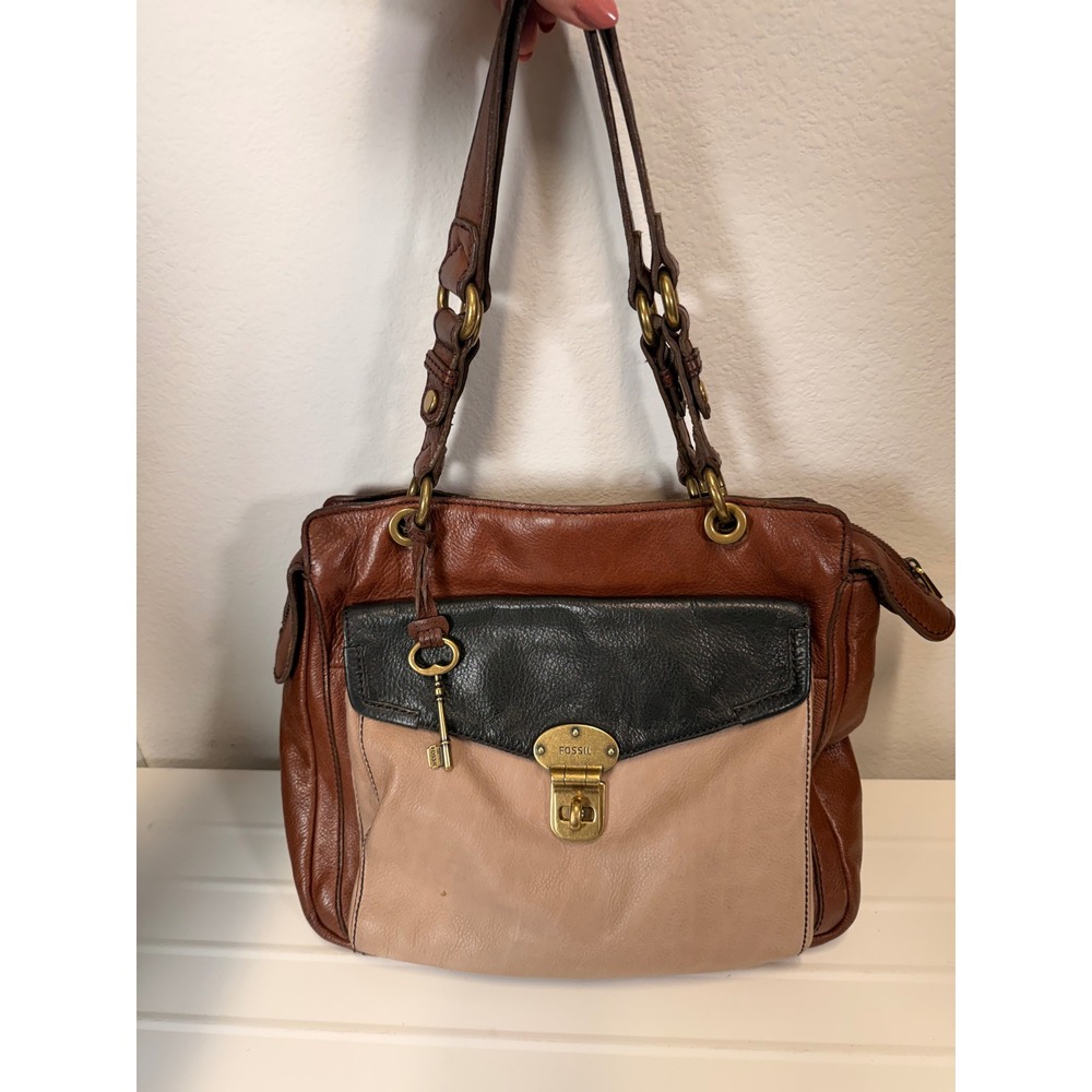 Fossil Tri-Tone Brown Leather Shoulder Bag Satchel Turnlock Key Charm Boho